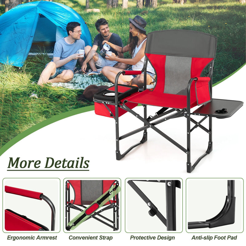 Folding Camping Directors Chair with Cooler Bag and Side Table-Red