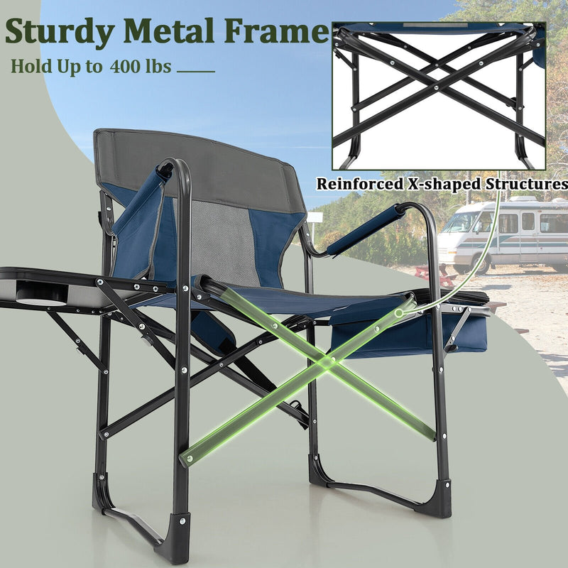 Folding Camping Directors Chair with Cooler Bag and Side Table-Blue