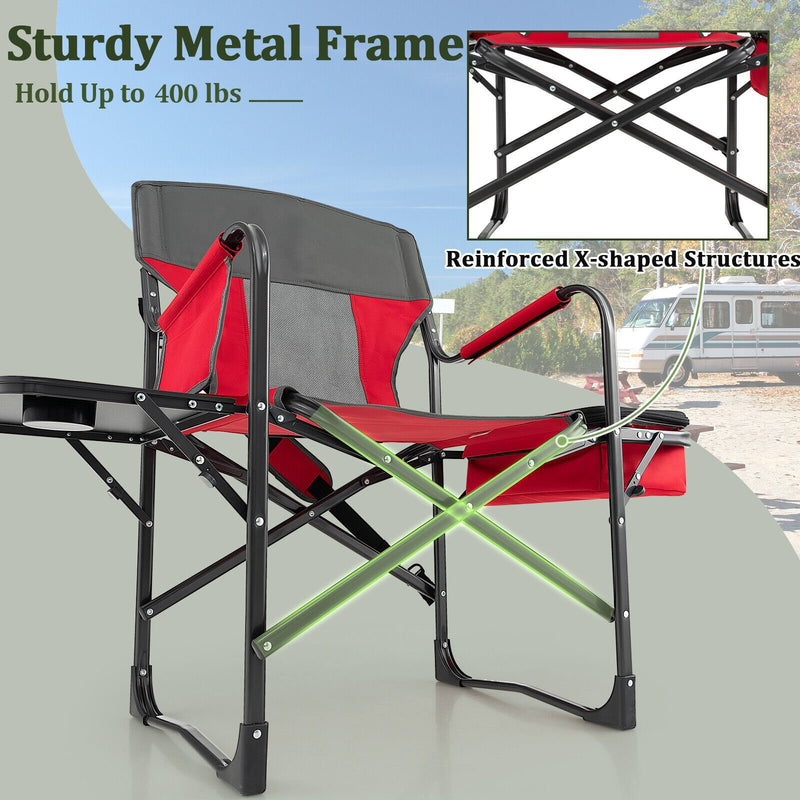 Folding Camping Directors Chair with Cooler Bag and Side Table-Red