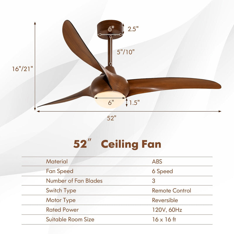 52 Inch Ceiling Fan with Changeable Light Color and 6-Level Adjustable Speed-Brown