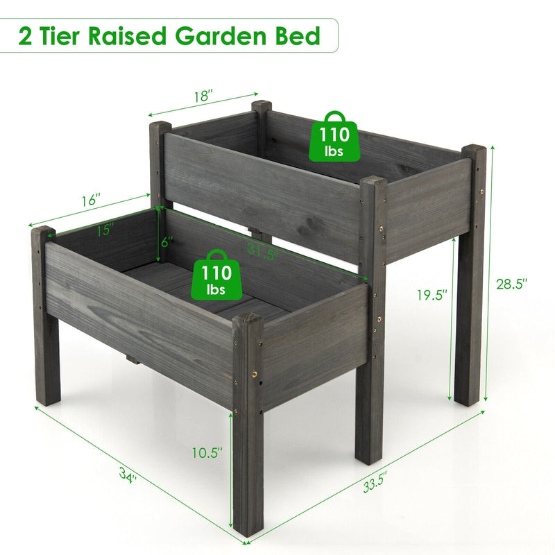 2 Tier Wooden Raised Garden Bed with Legs Drain Holes-Gray