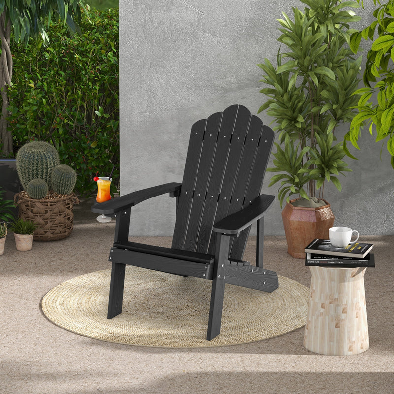 Weather Resistant HIPS Outdoor Adirondack Chair with Cup Holder-Black