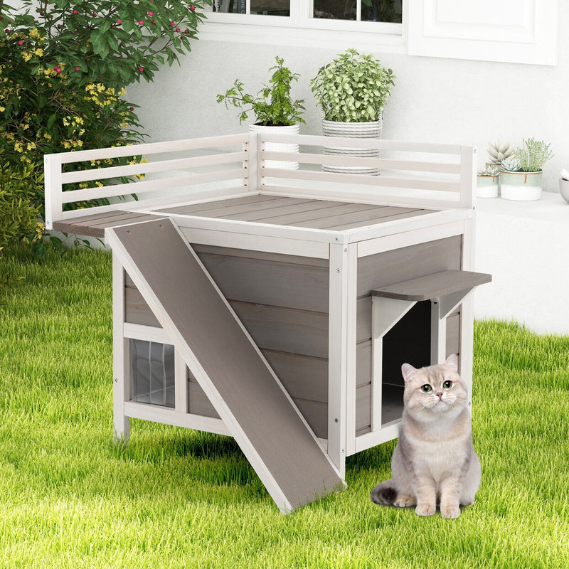 Outdoor Wooden Feral Cat House with Balcony and Slide-Gray