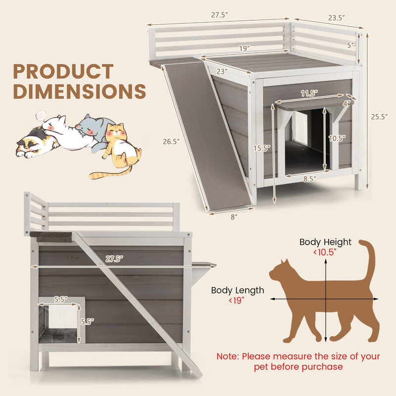 Outdoor Wooden Feral Cat House with Balcony and Slide-Gray