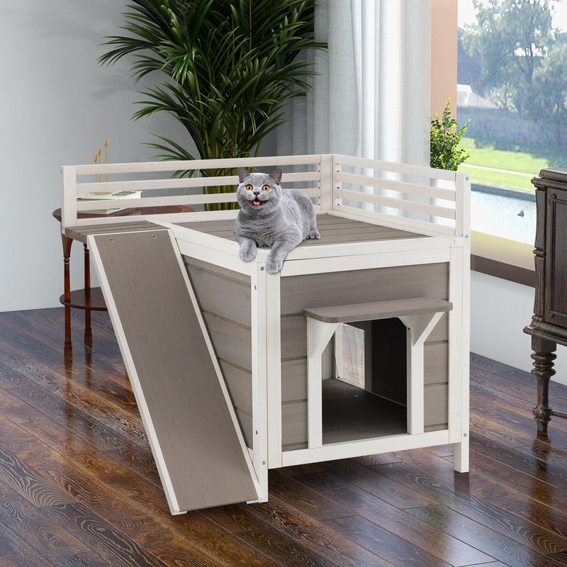 Outdoor Wooden Feral Cat House with Balcony and Slide-Gray