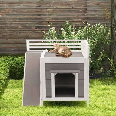 Outdoor Wooden Feral Cat House with Balcony and Slide-Gray