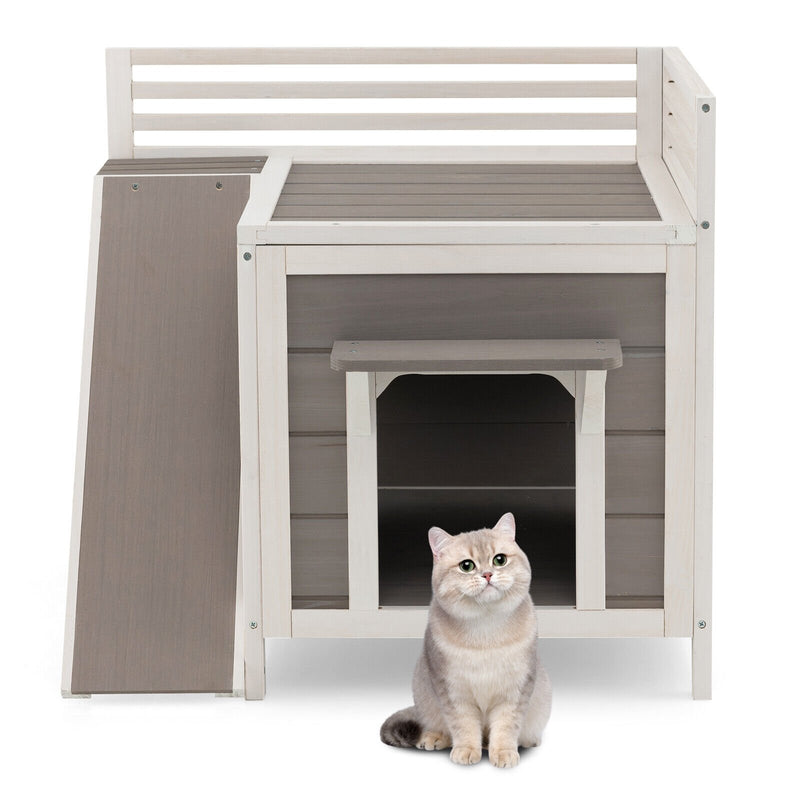 Outdoor Wooden Feral Cat House with Balcony and Slide-Gray