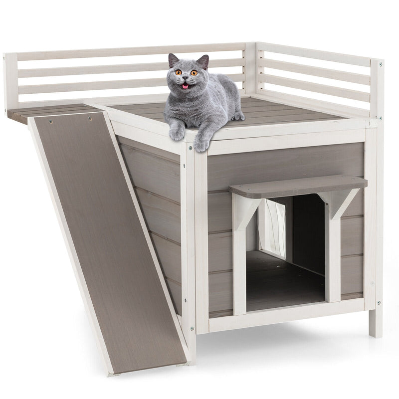 Outdoor Wooden Feral Cat House with Balcony and Slide-Gray