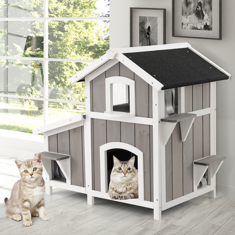 Outdoor 2-Story Wooden Feral Cat House with Escape Door-Gray