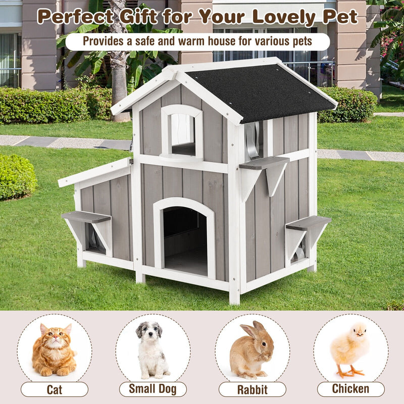 Outdoor 2-Story Wooden Feral Cat House with Escape Door-Gray