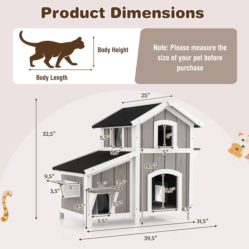 Outdoor 2-Story Wooden Feral Cat House with Escape Door-Gray