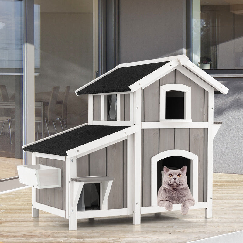 Outdoor 2-Story Wooden Feral Cat House with Escape Door-Gray