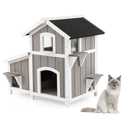 Outdoor 2-Story Wooden Feral Cat House with Escape Door-Gray