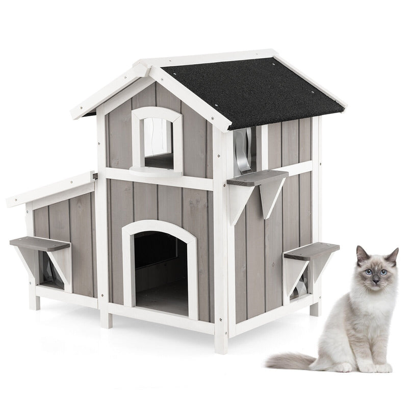 Outdoor 2-Story Wooden Feral Cat House with Escape Door-Gray