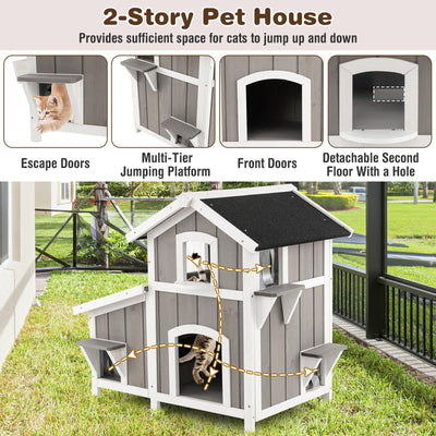 Outdoor 2-Story Wooden Feral Cat House with Escape Door-Gray