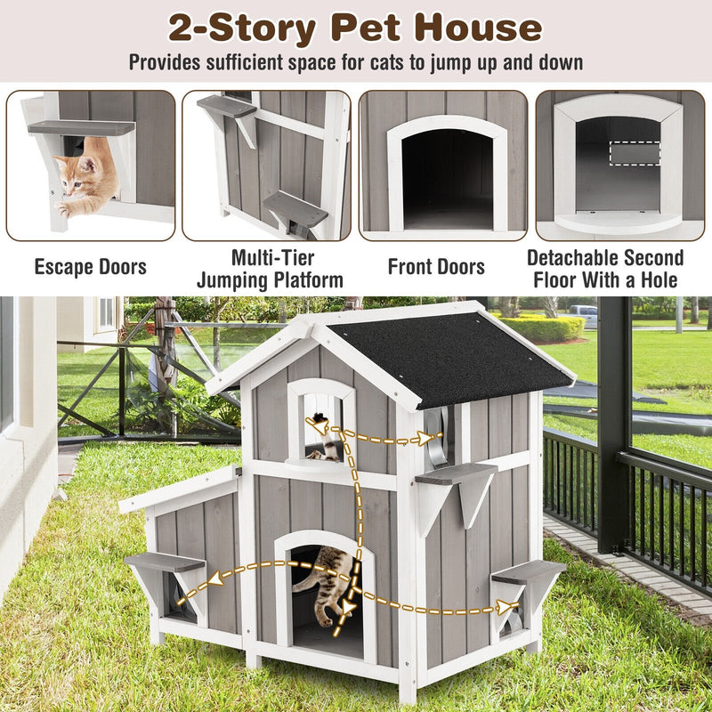 Outdoor 2-Story Wooden Feral Cat House with Escape Door-Gray