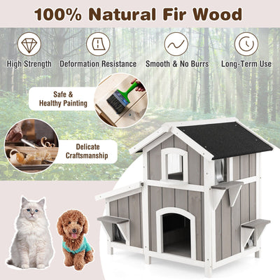 Outdoor 2-Story Wooden Feral Cat House with Escape Door-Gray