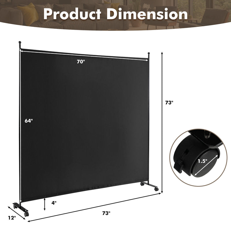 6 Feet Single Panel Rolling Room Divider with Smooth Wheels-Black