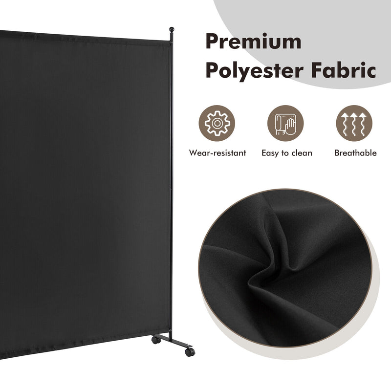 6 Feet Single Panel Rolling Room Divider with Smooth Wheels-Black