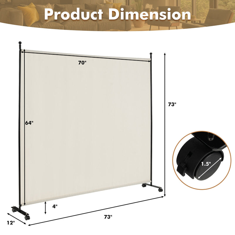 6 Feet Single Panel Rolling Room Divider with Smooth Wheels-White