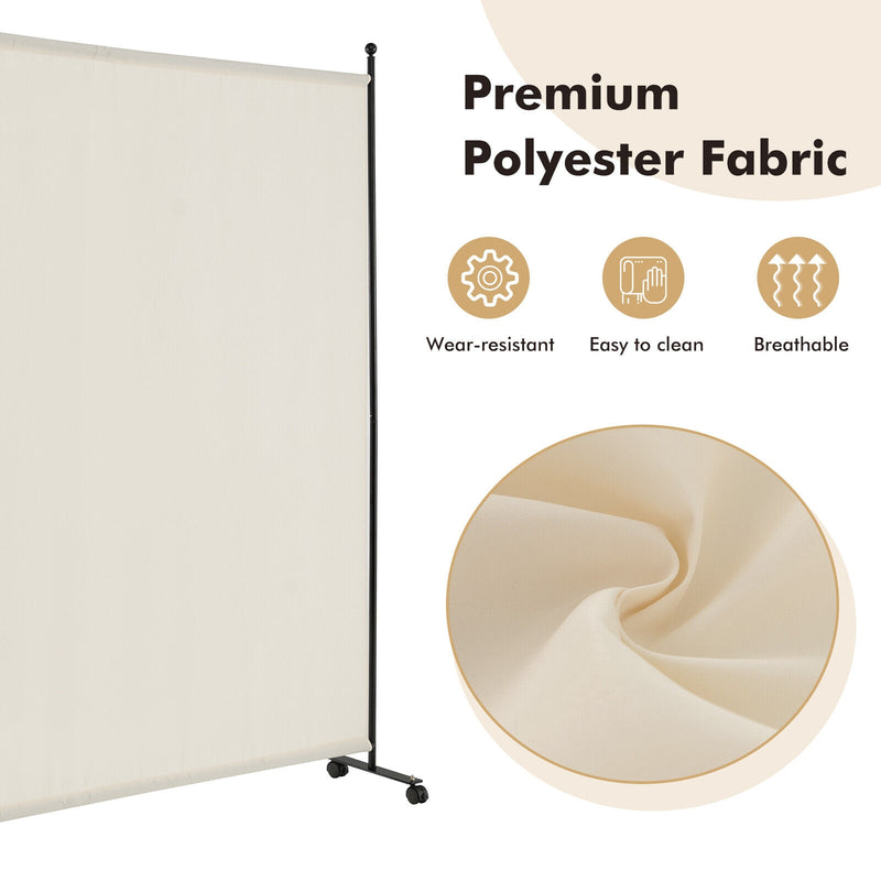 6 Feet Single Panel Rolling Room Divider with Smooth Wheels-White