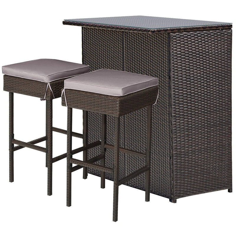 3 Pieces Patio Rattan Wicker Bar Table Stools Dining Set-Gray & Off White