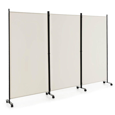 3 Panel Folding Room Divider with Lockable Wheels-White