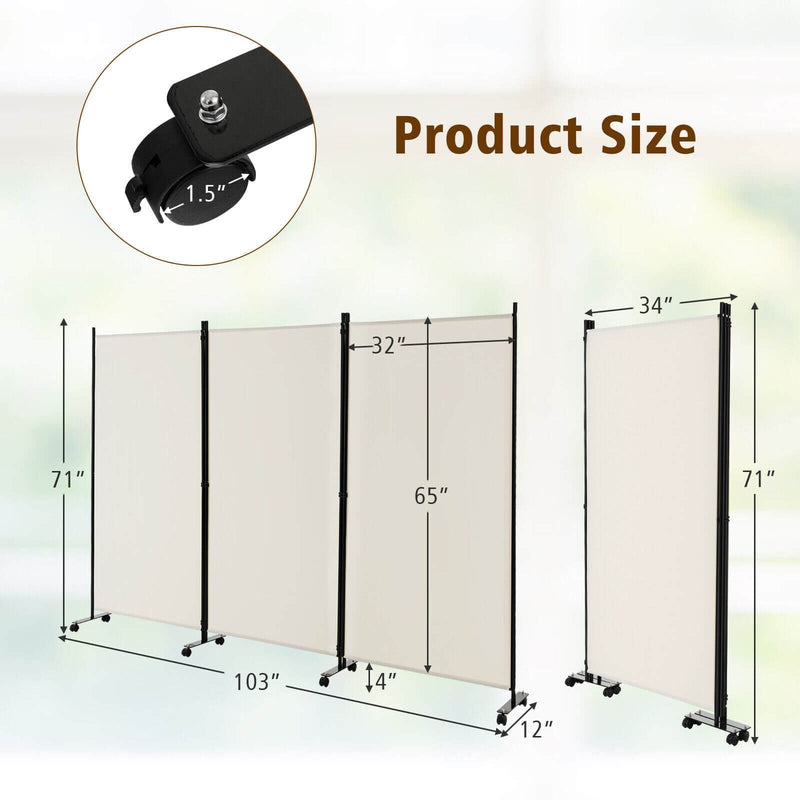 3 Panel Folding Room Divider with Lockable Wheels-White