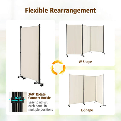 3 Panel Folding Room Divider with Lockable Wheels-White