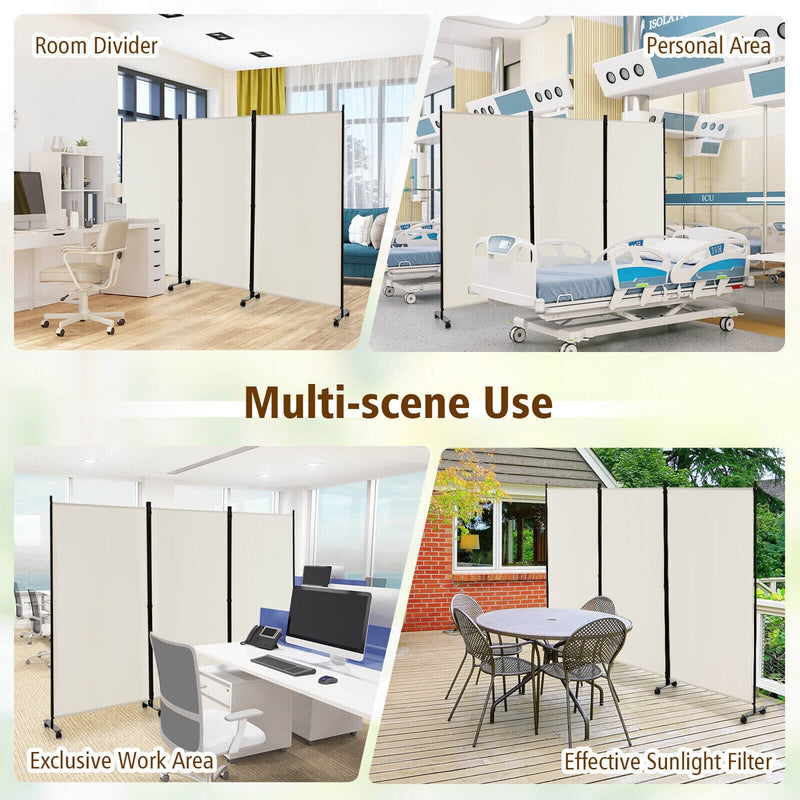 3 Panel Folding Room Divider with Lockable Wheels-White