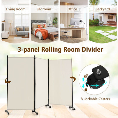 3 Panel Folding Room Divider with Lockable Wheels-White