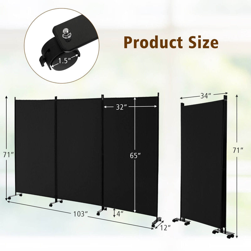 3 Panel Folding Room Divider with Lockable Wheels-Black