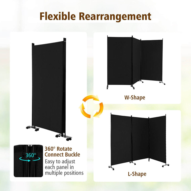 3 Panel Folding Room Divider with Lockable Wheels-Black