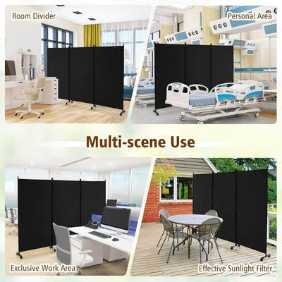 3 Panel Folding Room Divider with Lockable Wheels-Black