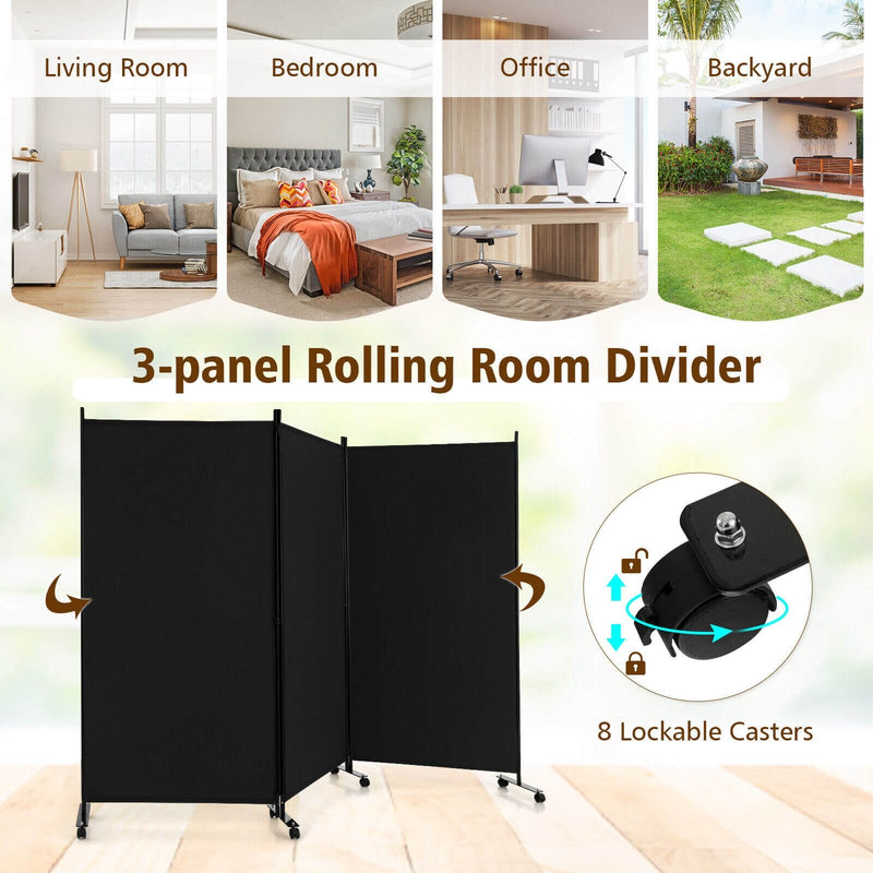 3 Panel Folding Room Divider with Lockable Wheels-Black