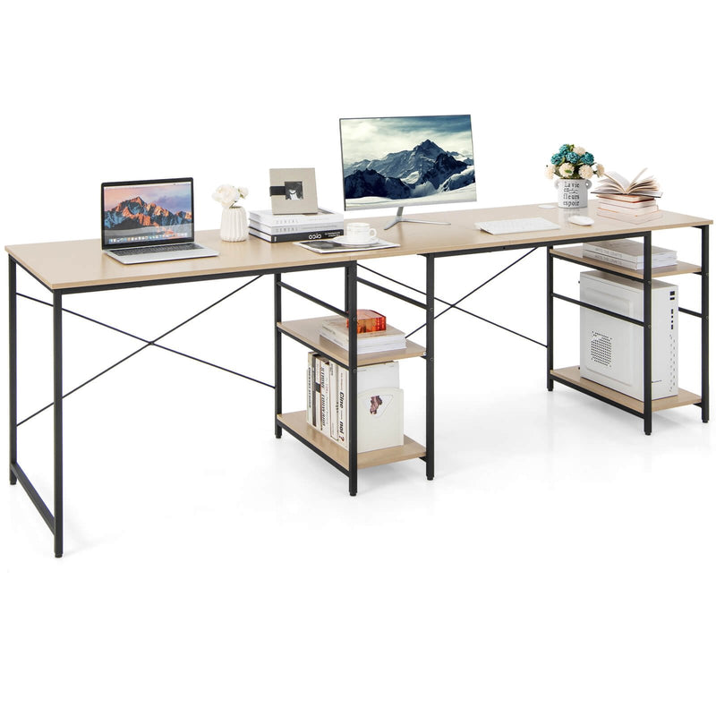 L Shaped Computer Desk with 4 Storage Shelves and Cable Holes-Natural