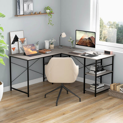 L Shaped Computer Desk with 4 Storage Shelves and Cable Holes-Gray