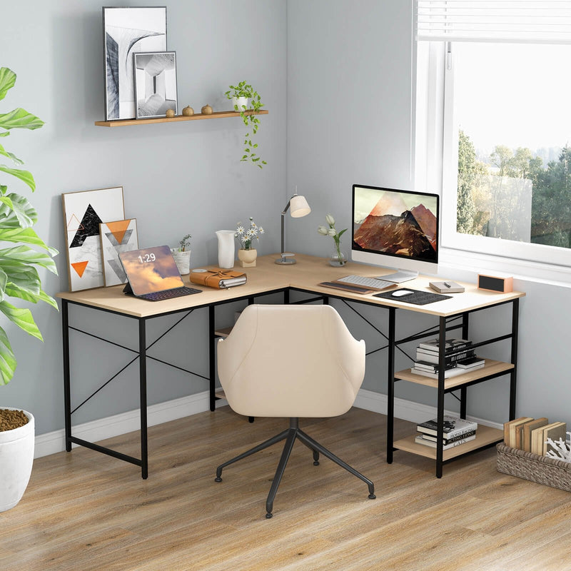 L Shaped Computer Desk with 4 Storage Shelves and Cable Holes-Natural