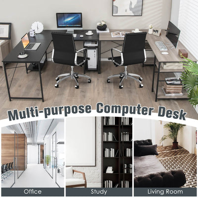 L Shaped Computer Desk with 4 Storage Shelves and Cable Holes-Black