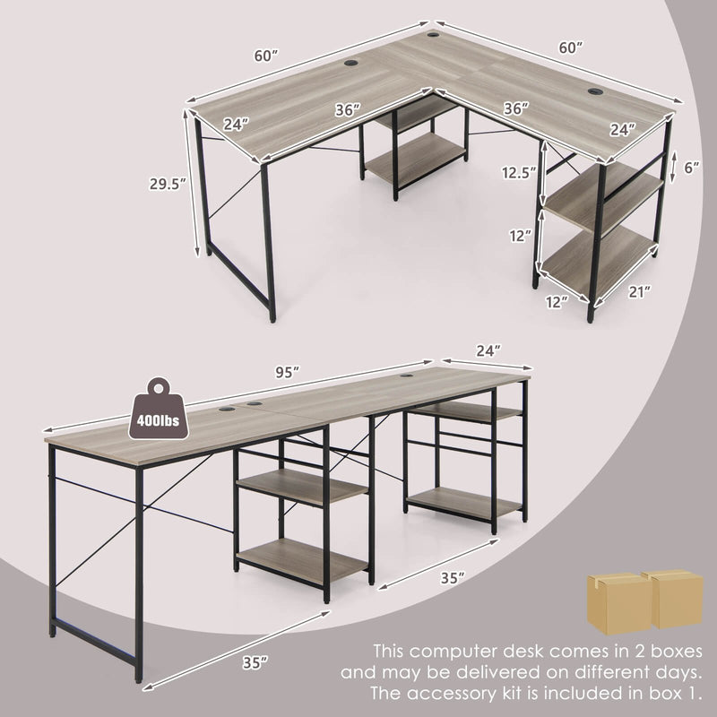 L Shaped Computer Desk with 4 Storage Shelves and Cable Holes-Gray