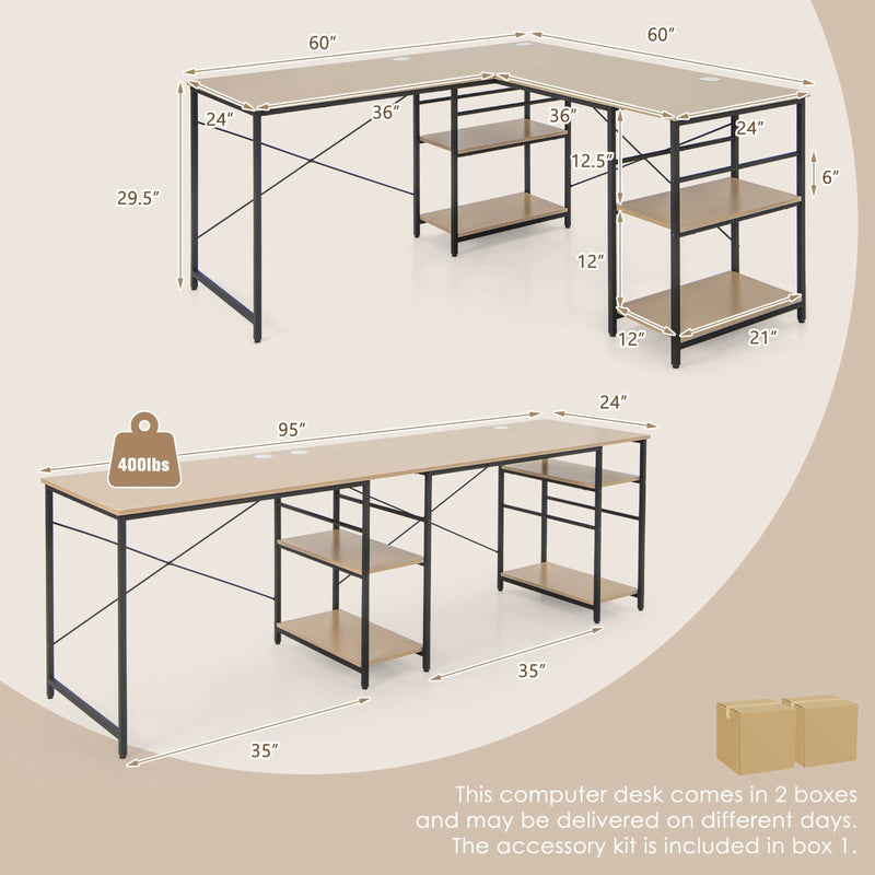 L Shaped Computer Desk with 4 Storage Shelves and Cable Holes-Natural