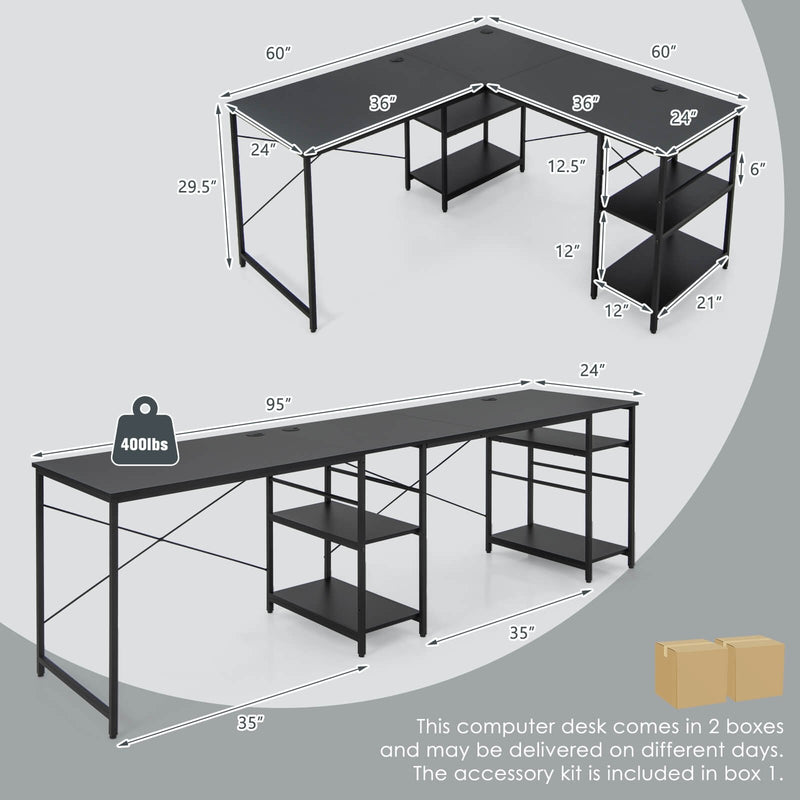 L Shaped Computer Desk with 4 Storage Shelves and Cable Holes-Black