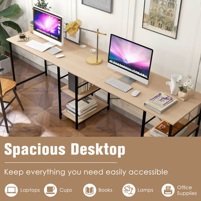 L Shaped Computer Desk with 4 Storage Shelves and Cable Holes-Natural