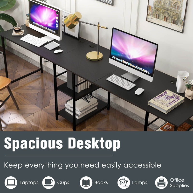 L Shaped Computer Desk with 4 Storage Shelves and Cable Holes-Black