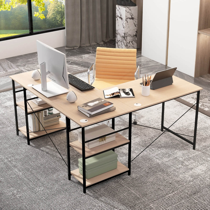 L Shaped Computer Desk with 4 Storage Shelves and Cable Holes-Natural