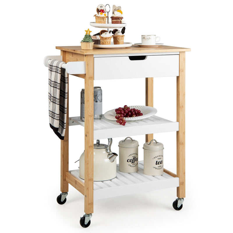 3-Tier Kitchen Island Cart Rolling Service Trolley with Bamboo Top-Natural