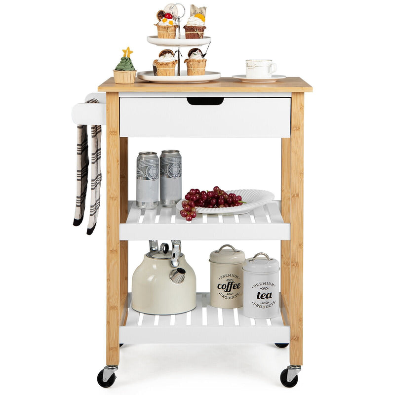 3-Tier Kitchen Island Cart Rolling Service Trolley with Bamboo Top-Natural