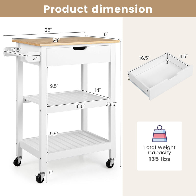 3-Tier Kitchen Island Cart Rolling Service Trolley with Bamboo Top-White