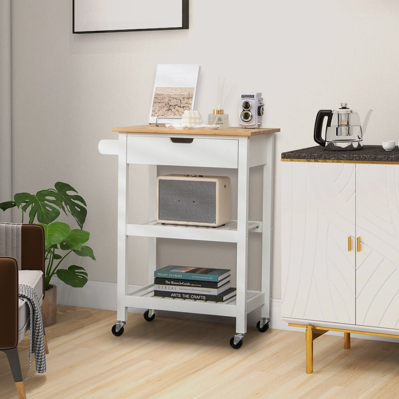 3-Tier Kitchen Island Cart Rolling Service Trolley with Bamboo Top-White