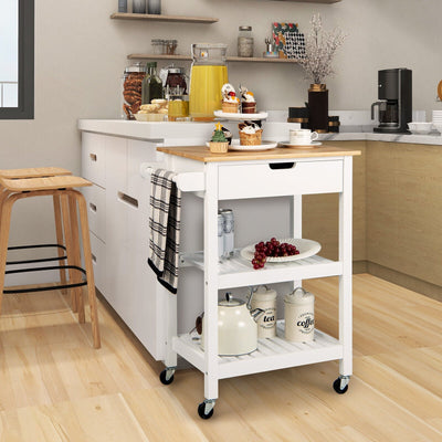 3-Tier Kitchen Island Cart Rolling Service Trolley with Bamboo Top-White